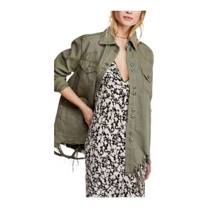 Free People Moonchild Olive Green Distressed Denim Utility Jacket